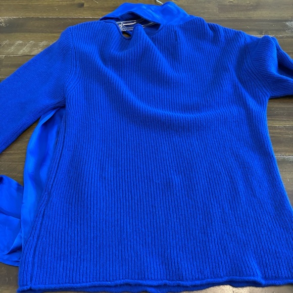 RtA Millie Tie Neck Sweater 100% Cashmere Silk Royal Blue Small Scarf Cut Out - Picture 15 of 15